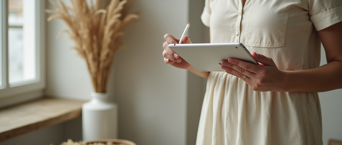 Female artist using Apple Pencil on iPad in naturally lit studio space — digital workflow for illustrators preparing art for fine art printing or giclée.