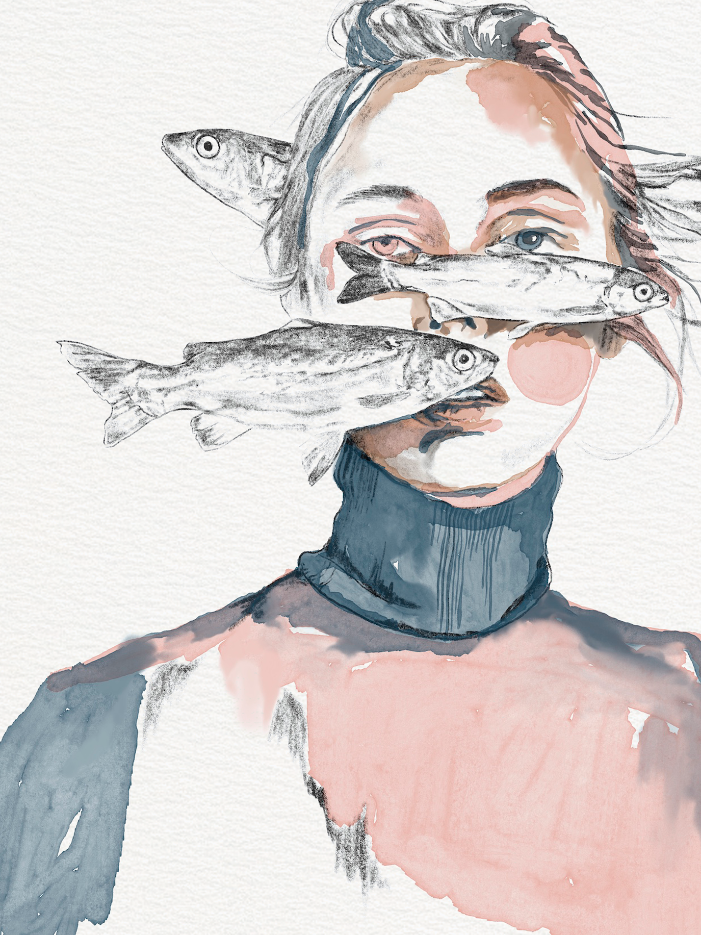 Illustration of a person with fish superimposed over their face on a light background. Artist: Joëlle Diane