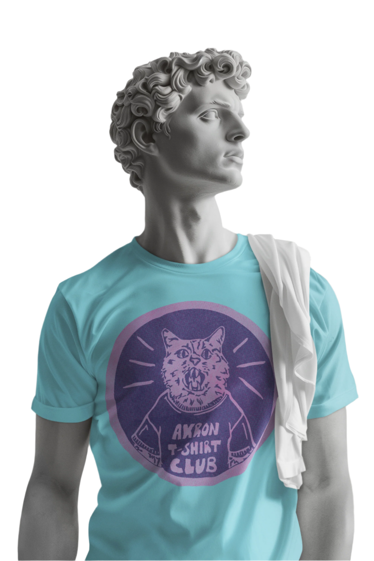 Exclusive Akron T-Shirt Club tee featuring our signature cat design. Limited-edition artist shirt, modeled here by a very serious marble statue. Join the club for more artist-designed drops.