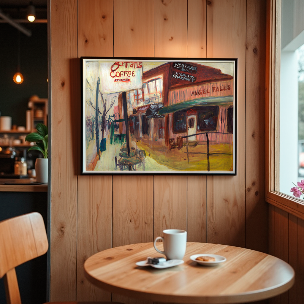 View of framed artwork in a coffee shop setting