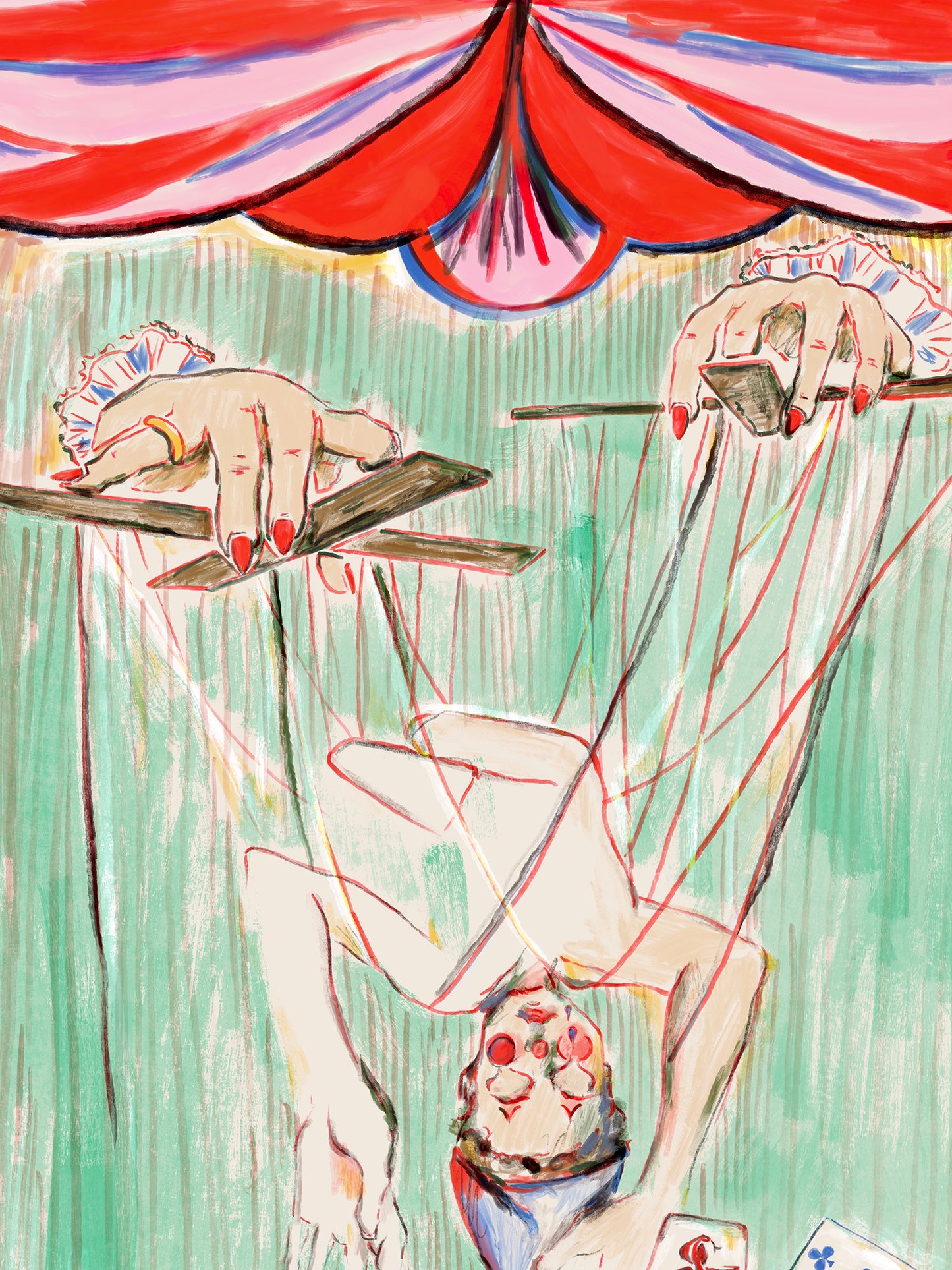 Colorful illustration of acrobat performing under a circus tent.