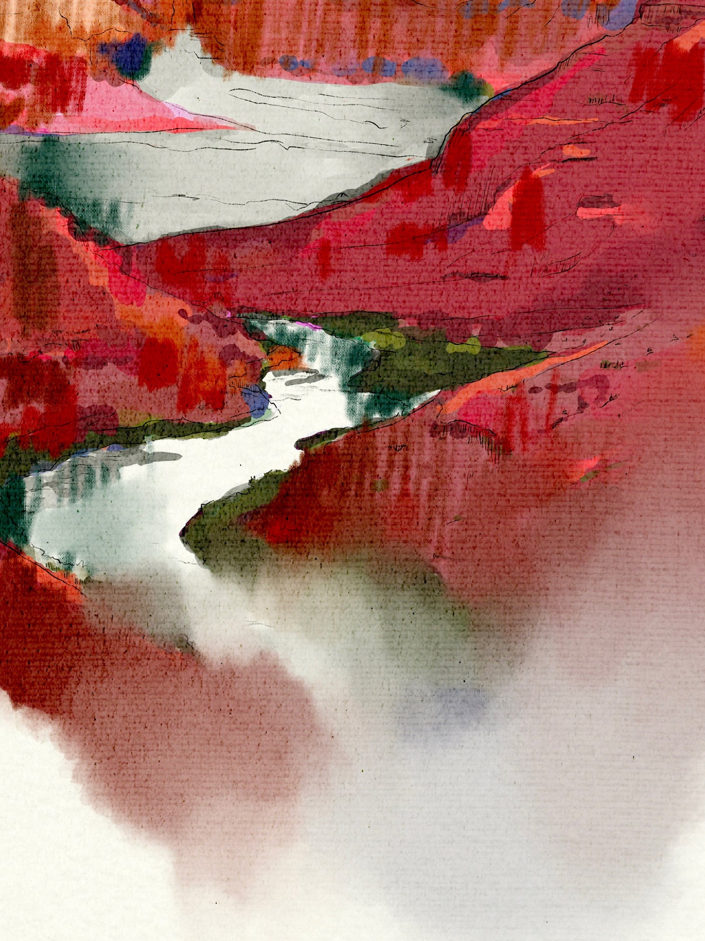 Abstract painting of a landscape with red, green, and white colors.