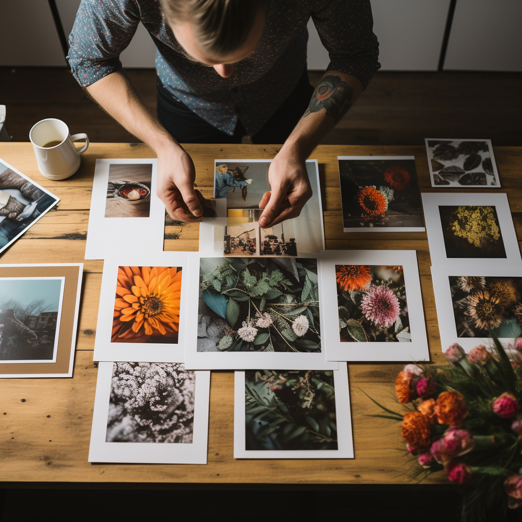 Monochrome Canvas giclée printing services - prints laid out on studio table