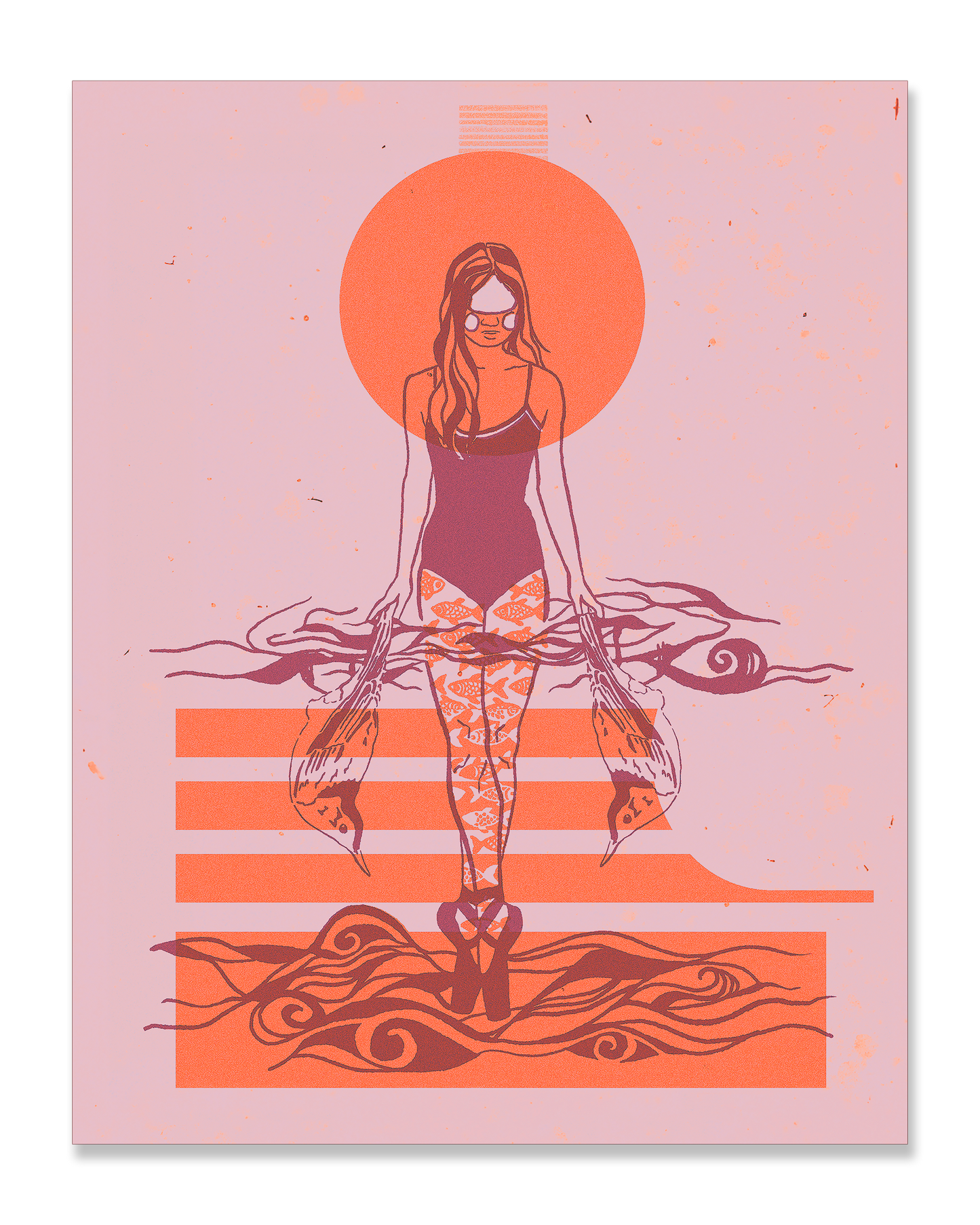 An illustration by Joëlle Diane of Monochrome Canvas of a woman standing in water holding sparrows in each of her hands with a round, sun like shape behind her. This variant of the artwork features poppy pink and sunset orange hues.