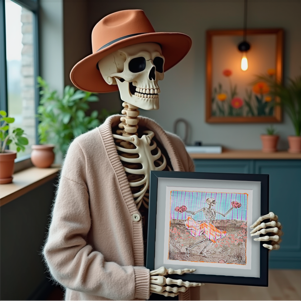 Trendy skeleton holding up framed artwork - Joëlle Diane's Withering Waltz