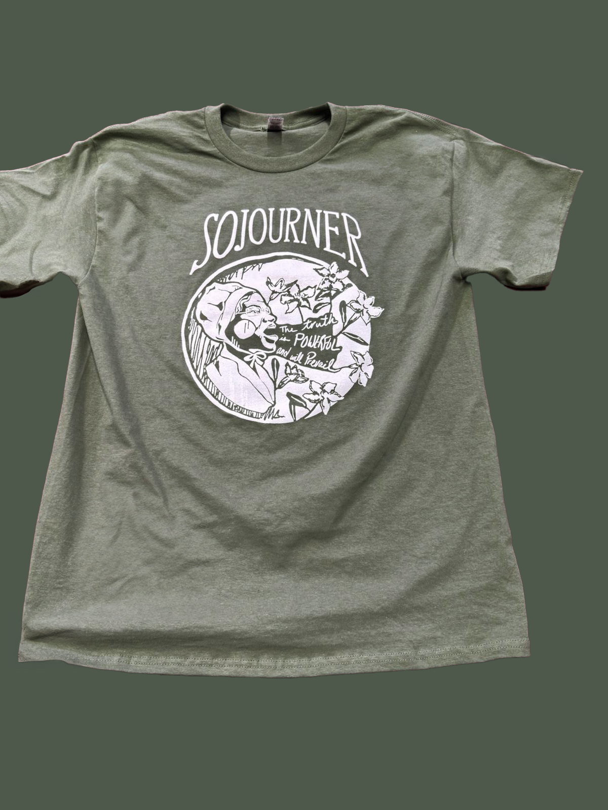 Green Sojourner Truth T-Shirt on green background - "The truth is powerful and will previal"
