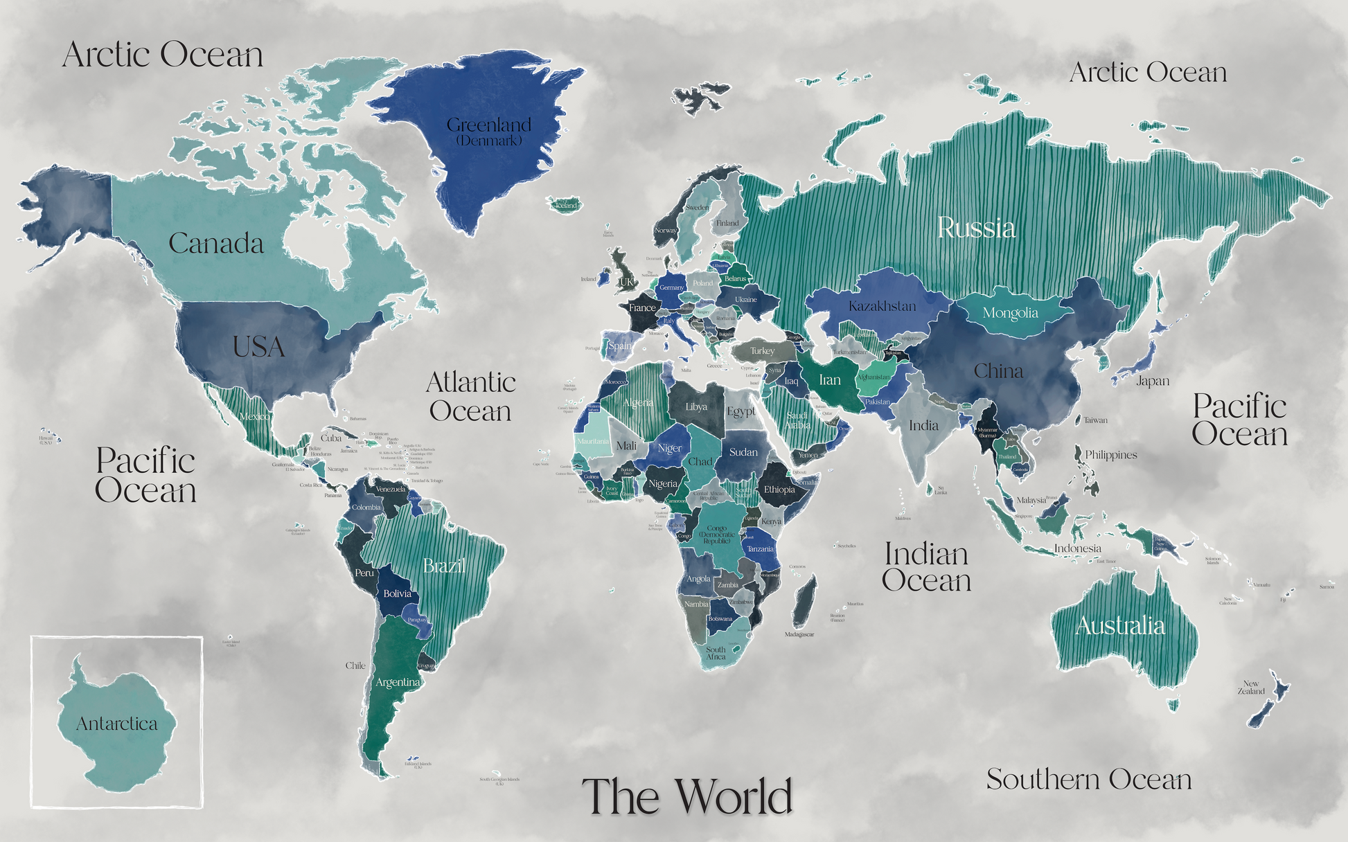 Cool Blue Push Pin World Map - Giclée Print