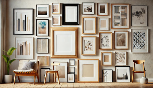 A collection of various frame sizes arranged on a wall, showcasing dimensions like 8x10, 11x14, 16x20, and 24x36 inches.