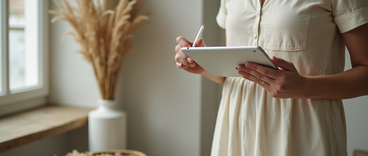 Female artist using Apple Pencil on iPad in naturally lit studio space — digital workflow for illustrators preparing art for fine art printing or giclée.