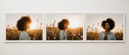 Three framed fine art prints of a woman in a sunlit field of flowers, each image surrounded by a wide white border that creates a matted, gallery-style presentation.