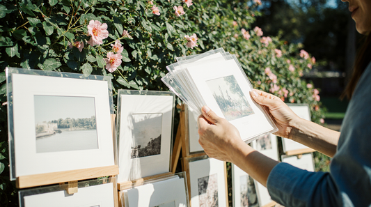 Person examining art prints in plastic sleeves with backing boards at an outdoor art market, with multiple framed prints on wooden stands and blooming flowers in a sunlit garden setting