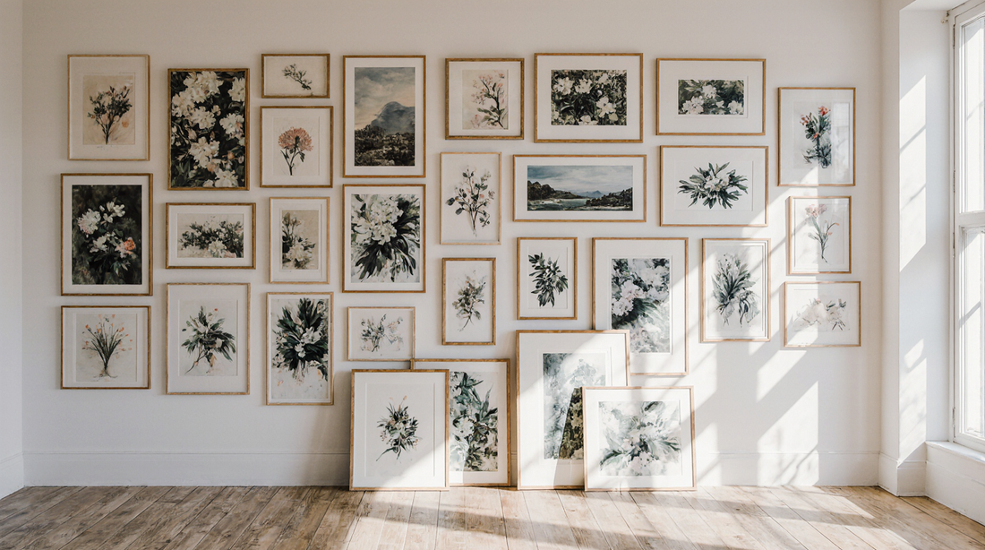 Modern Gallery Wall with Light Wood Frames | Salon Style Art Arrangement Ideas