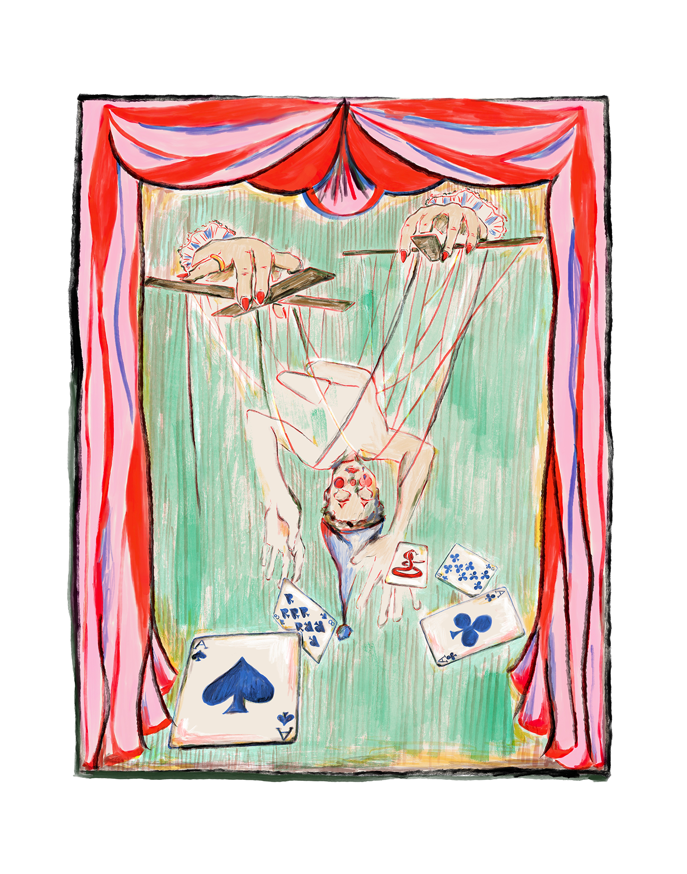 A surreal art print or illustration featuring a hanging circus performer suspended by strings under two hands with red nail polish, surrounded by pokers "dead man's hand" playing cards and framed by red draped curtains on a white background. Artwork by Joëlle Diane. Monochrome Canvas.