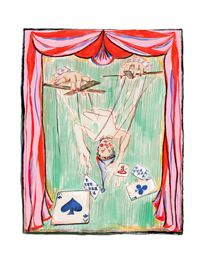 A surreal art print or illustration featuring a hanging circus performer suspended by strings under two hands with red nail polish, surrounded by pokers "dead man's hand" playing cards and framed by red draped curtains on a white background. Artwork by Joëlle Diane. Monochrome Canvas.