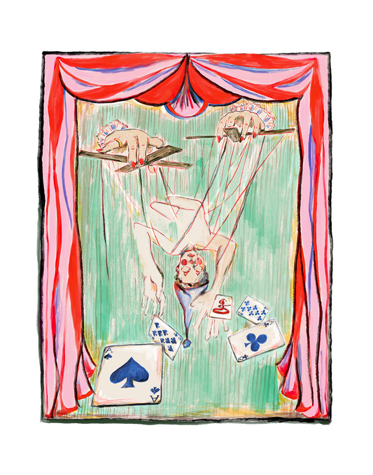 A surreal art print or illustration featuring a hanging circus performer suspended by strings under two hands with red nail polish, surrounded by pokers "dead man's hand" playing cards and framed by red draped curtains on a white background. Artwork by Joëlle Diane. Monochrome Canvas.