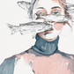 Illustration of a person with fish superimposed over their face on a light background. Artist: Joëlle Diane