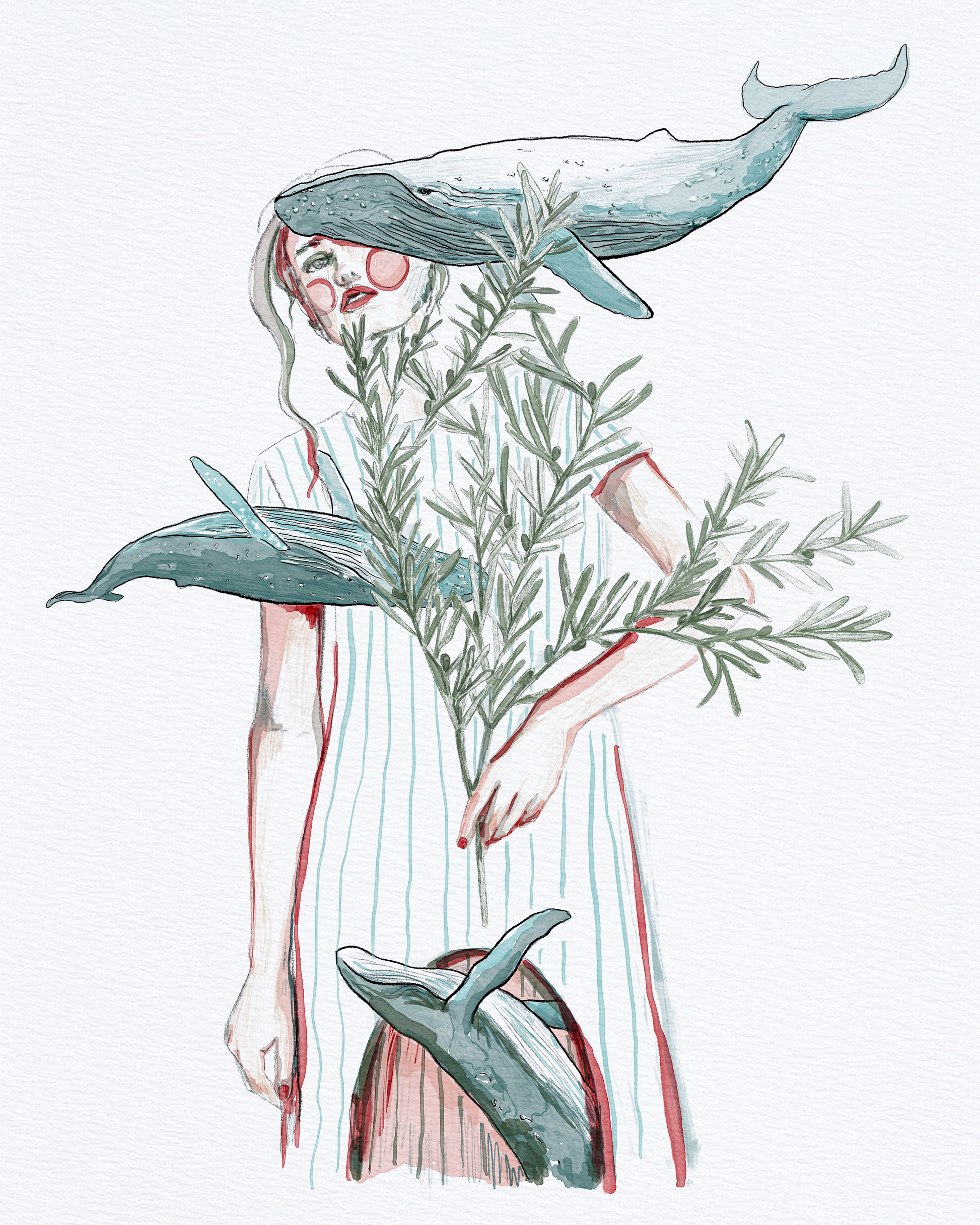 Illustration of a woman surrounded by blue whales, holding an olive branch, against a white background. Artist: Joëlle Diane