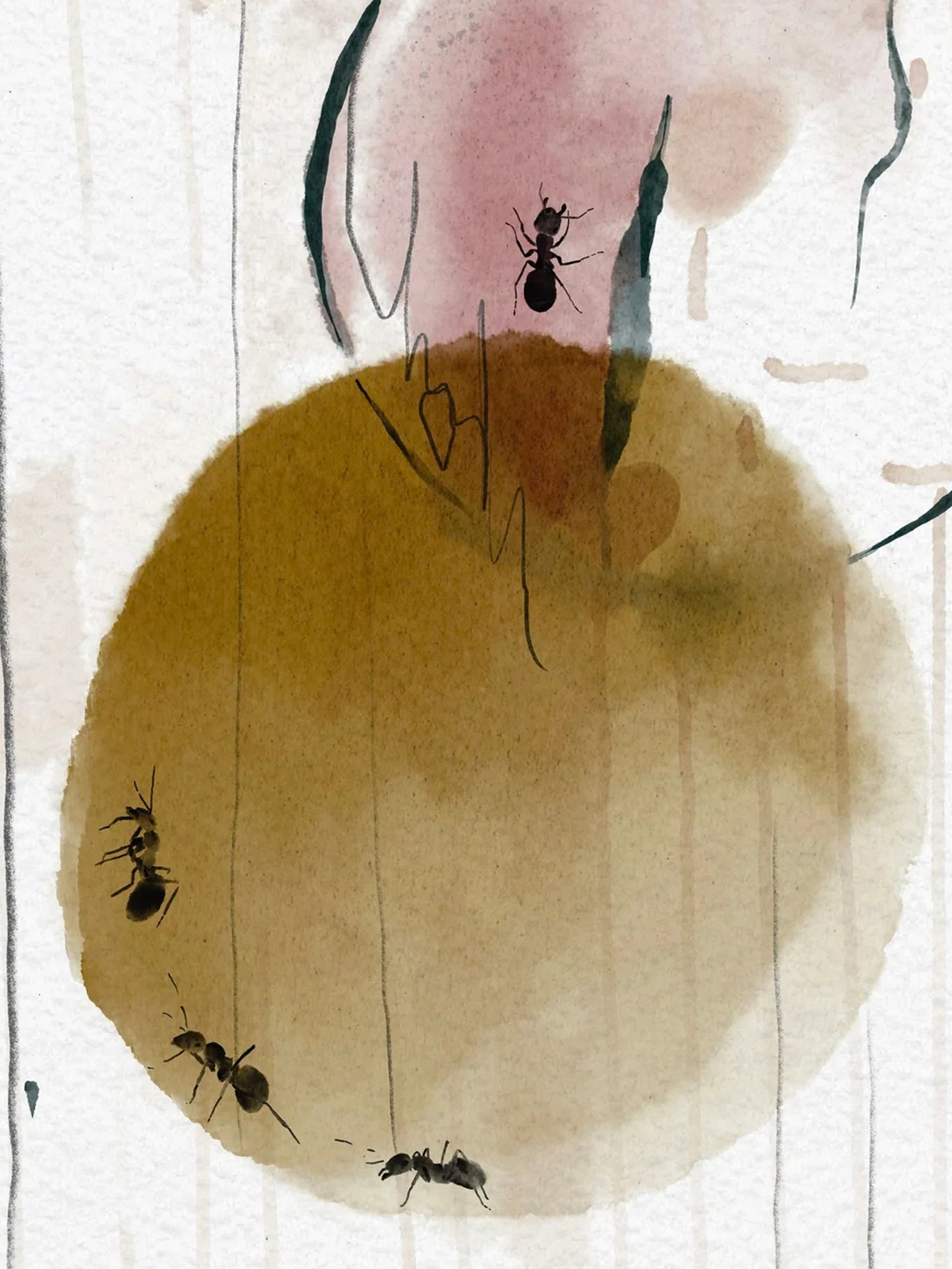 Artistic depiction of ants on a textured surface with abstract shapes