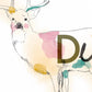 Colorful illustration of a deer with abstract patterns and the letter 'D' on a light background