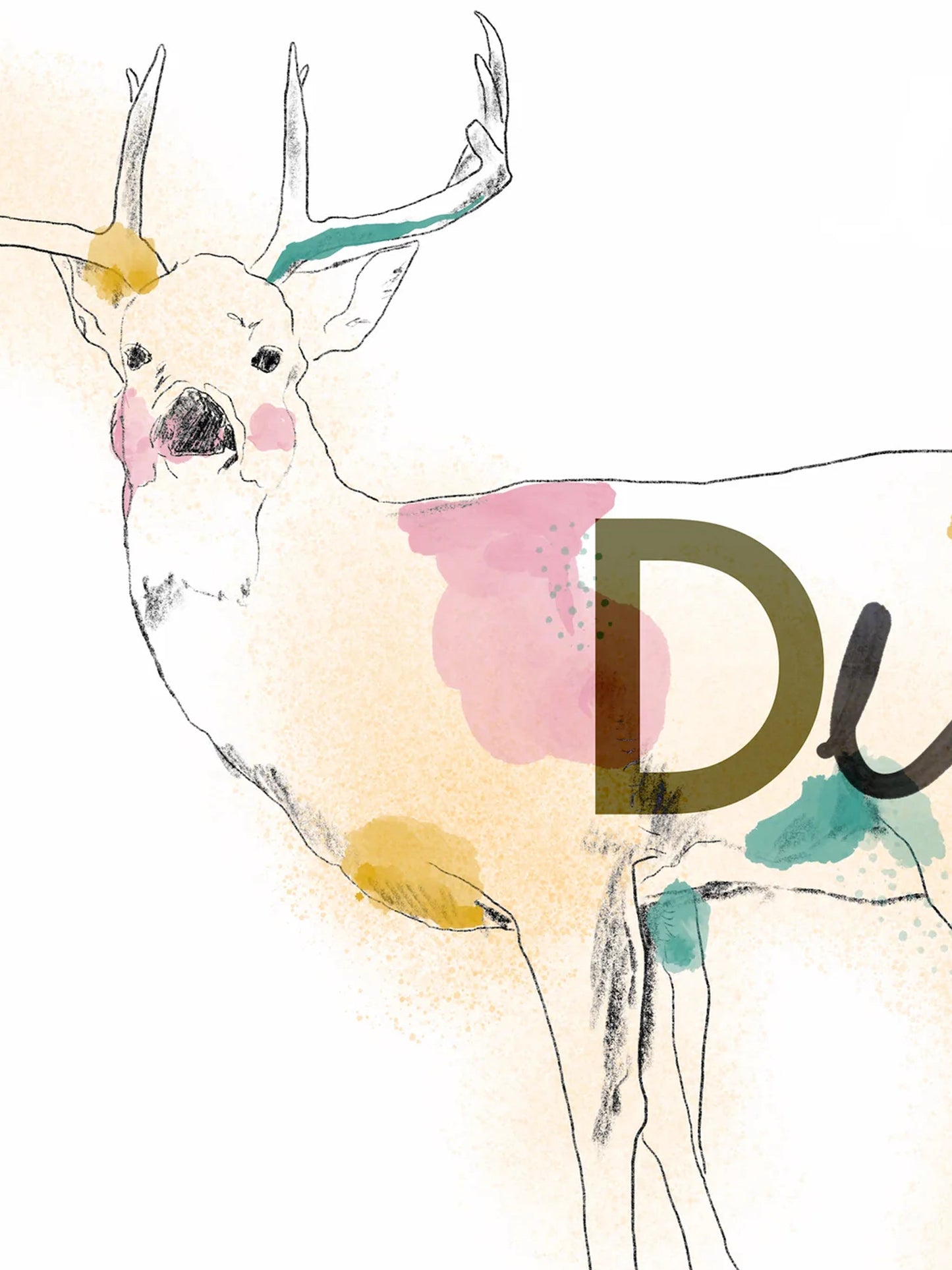 Colorful illustration of a deer with abstract patterns and the letter 'D' on a light background