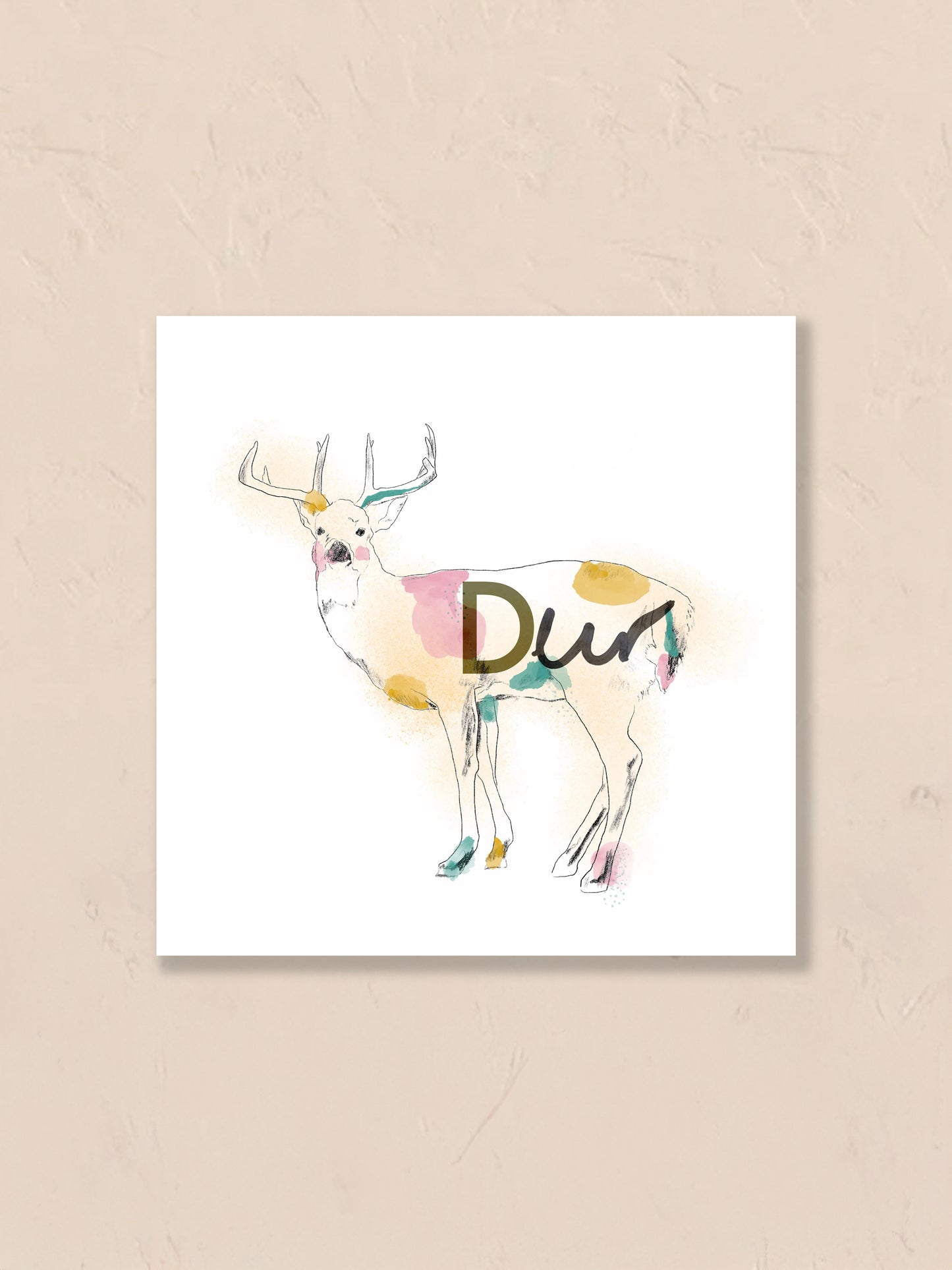 Watercolor painting of a deer with the letter 'D' floating on a beige background. Artist: Joëlle Diane