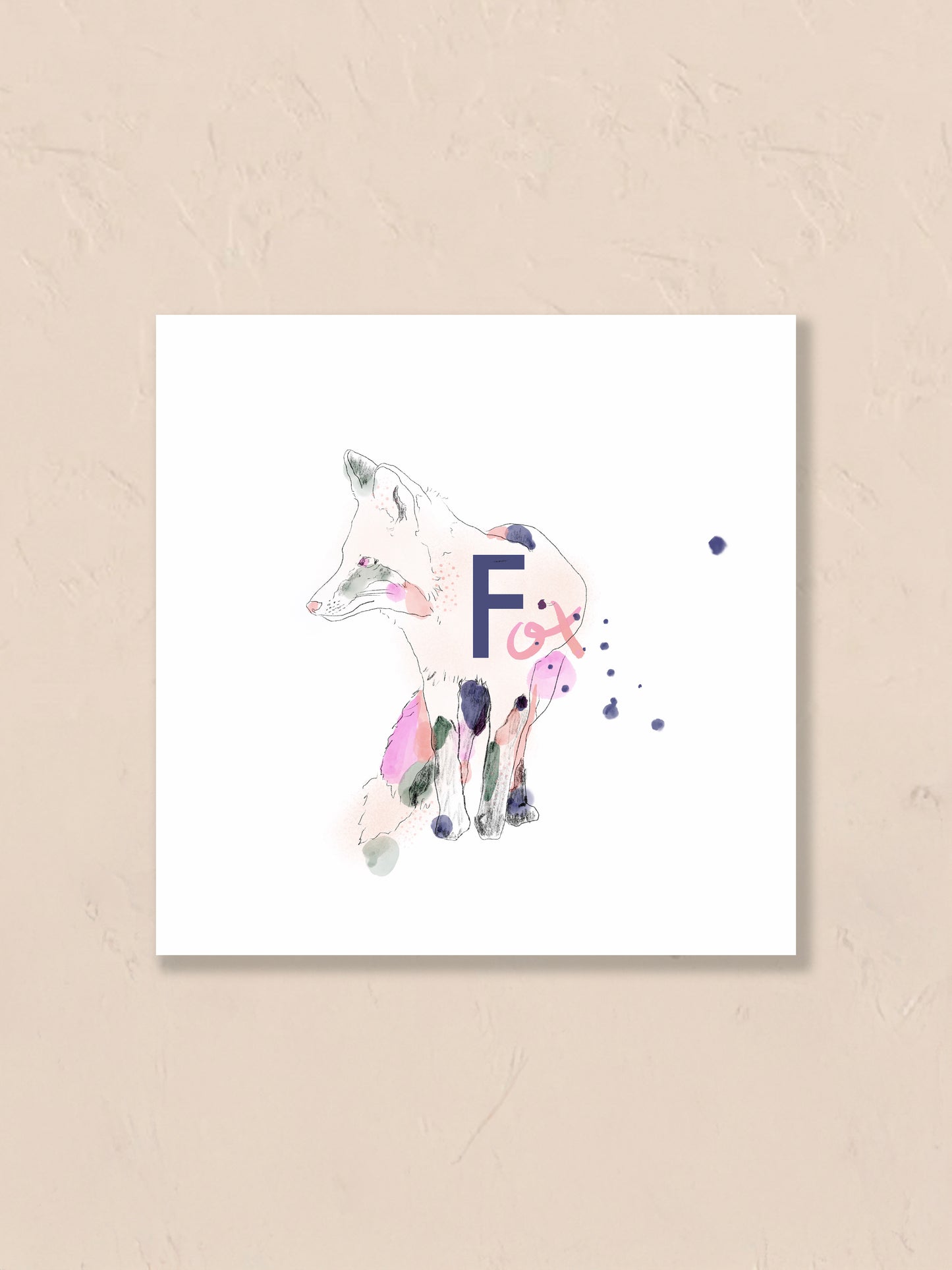 Watercolor painting of a fox with the letter 'F' floating on a beige background. Artist: Joëlle Diane
