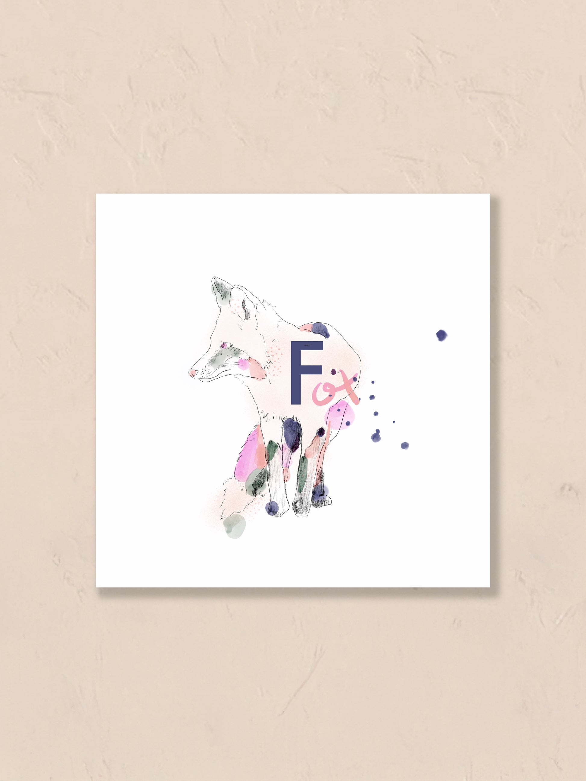 Watercolor painting of a fox with the letter 'F' floating on a beige background. Artist: Joëlle Diane