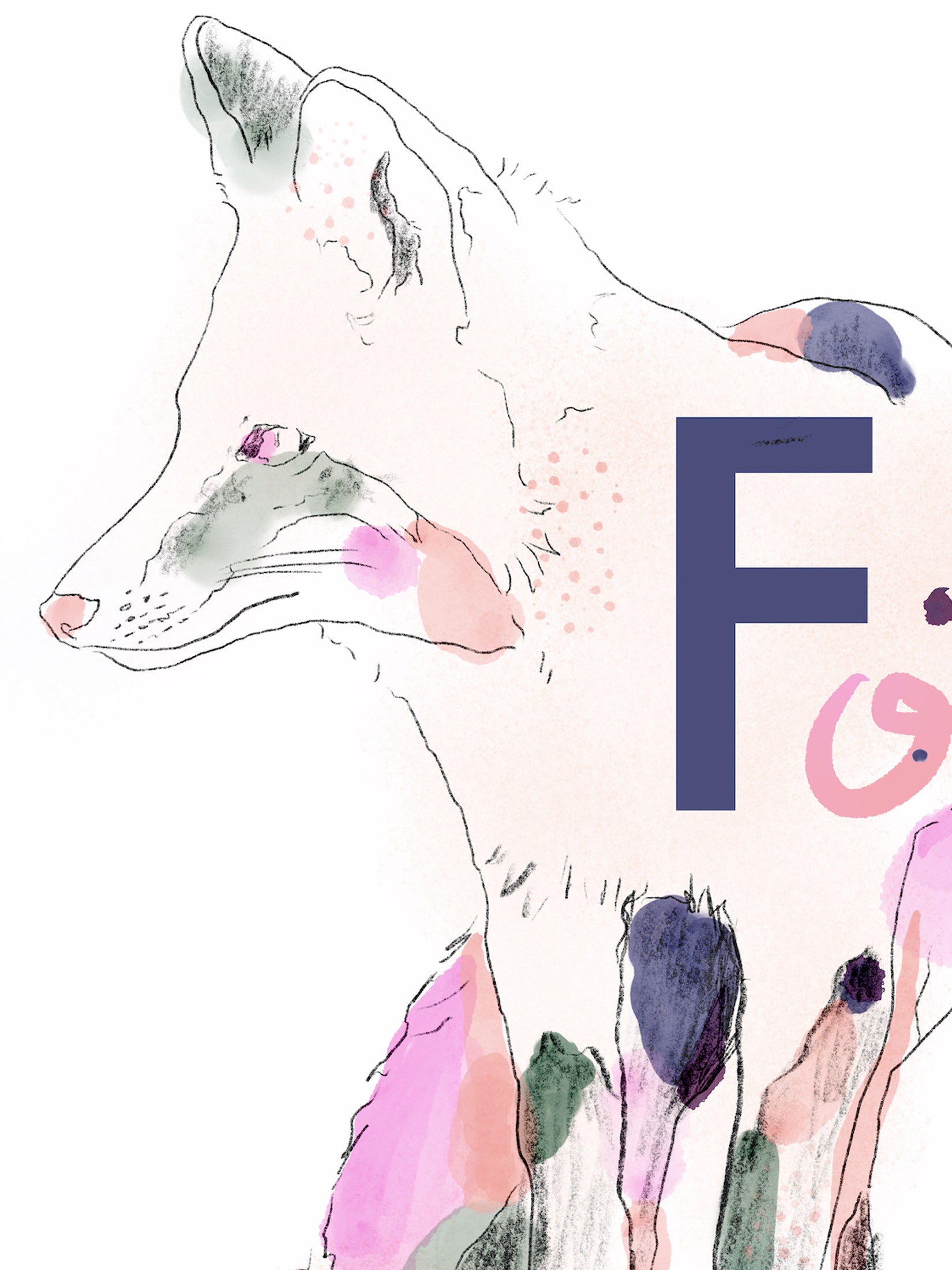 Colorful illustration of a fox with a stylized 'F' on a white background