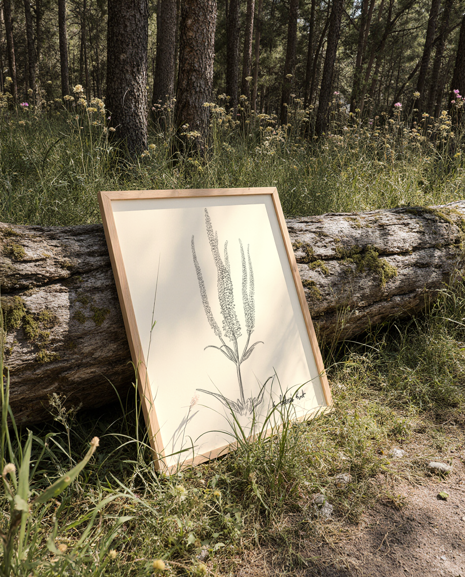Framed artwork of a black and white line drawing of culver's root leaning against a fallen log in a forest setting