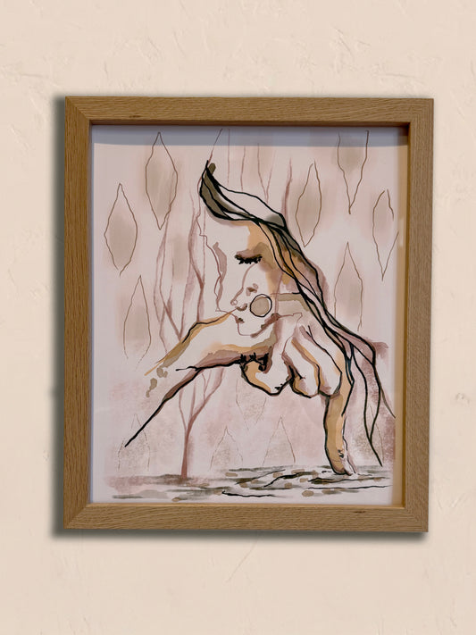 Framed abstract portrait artwork on a textured beige wall. Artist: Joëlle Diane