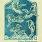 Illustrated print in teal and cream showing five great blue herons in different poses inside a decorative rounded rectangular frame. The birds are flying, standing, and nesting, drawn in a vintage woodcut style on textured paper. Text below the illustration reads “Great Blue Heron, Cuyahoga Valley, Ohio.”