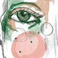 Artistic illustration of a face with a green eye and pink cheeks.