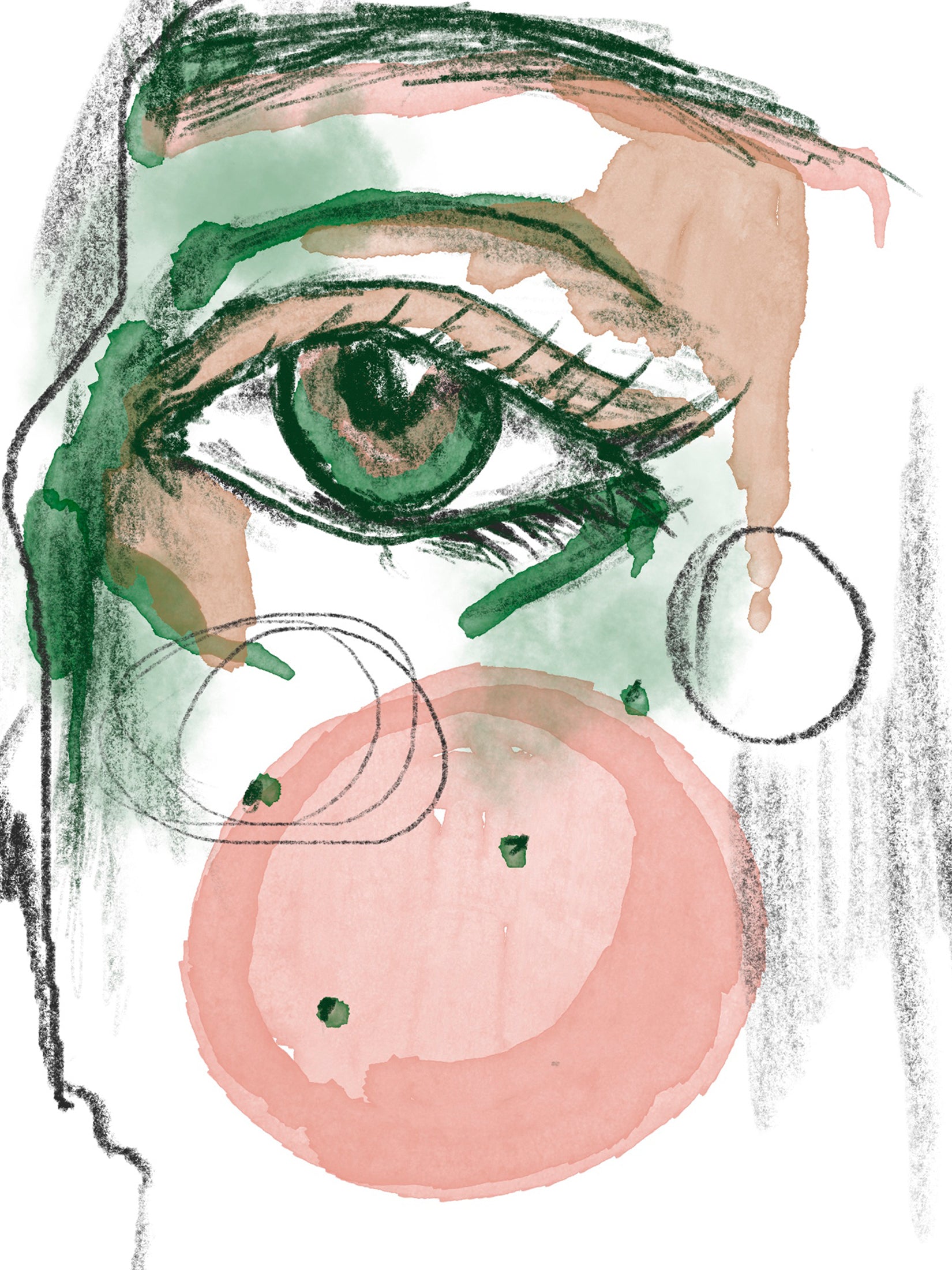 Artistic illustration of a face with a green eye and pink cheeks.