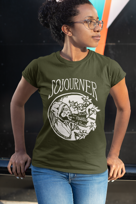 Woman wearing Green Sojourner Truth T-Shirt with saying "The truth is powerful and will previal"