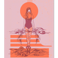 An illustration by Joëlle Diane of Monochrome Canvas of a woman standing in water holding sparrows in each of her hands with a round, sun like shape behind her. This variant of the artwork features poppy pink and sunset orange hues.