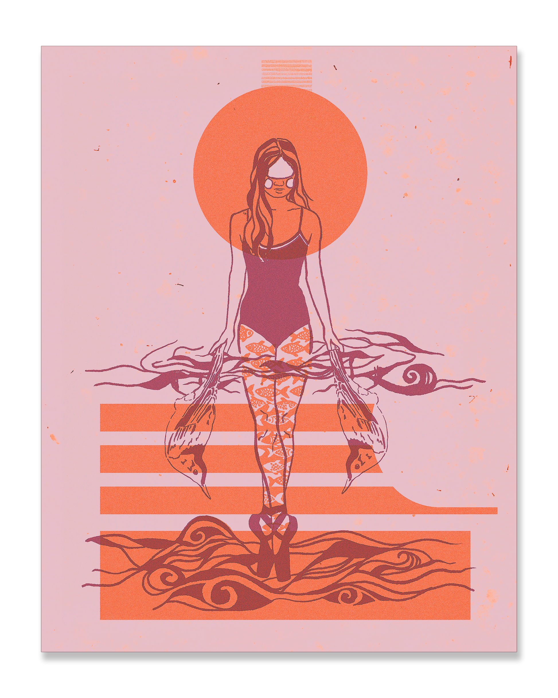 An illustration by Joëlle Diane of Monochrome Canvas of a woman standing in water holding sparrows in each of her hands with a round, sun like shape behind her. This variant of the artwork features poppy pink and sunset orange hues.