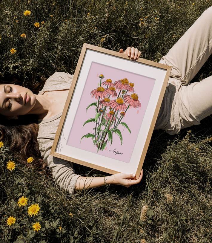 Woman lying in a field holding a framed illustration of coneflowers on a pink background