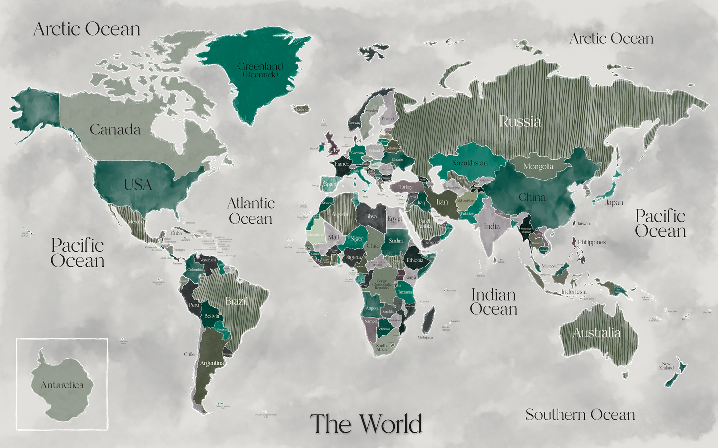 Green Push Pin World Map - Giclée Print